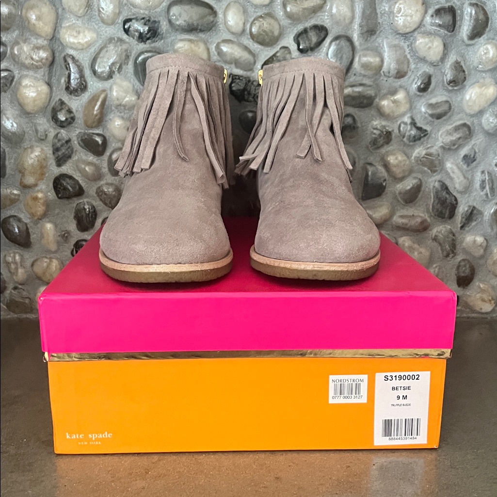 Kate Spade Taupe Suede Fringe Ankle Boots
